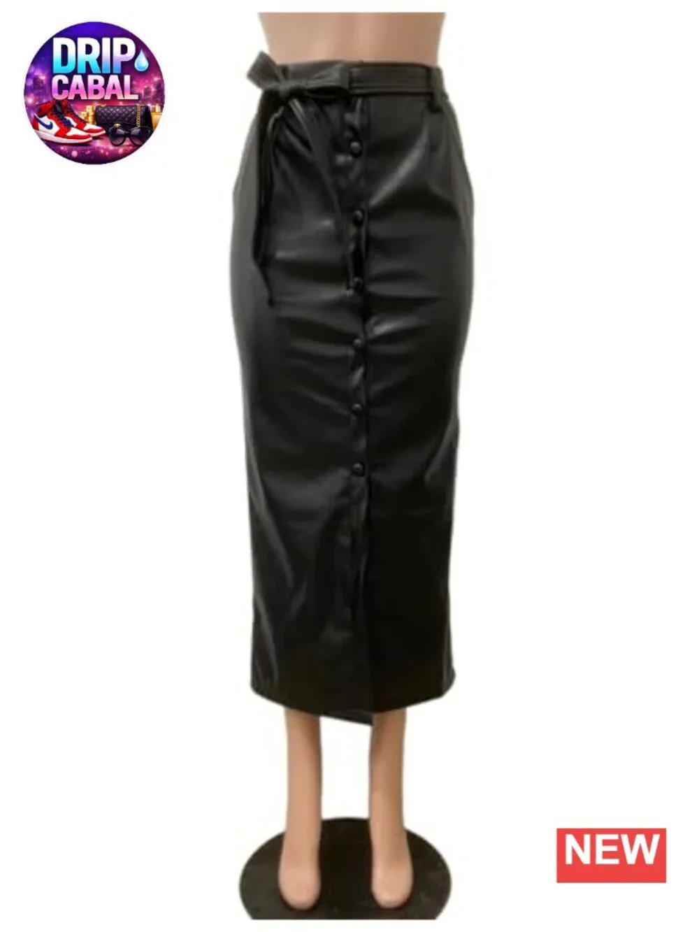 Faux PU Leather Maxi Long Skirt with Belt Button Down Slit Pencil Skirt